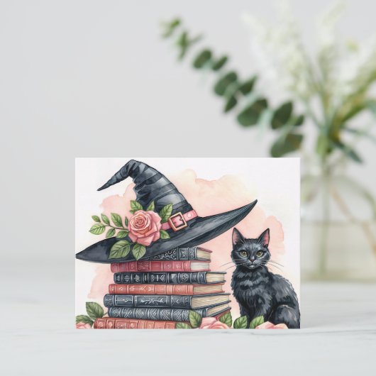 Black Cat With Witch Hat and Books ポストカード (スタンド正面)