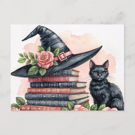 Black Cat With Witch Hat and Books ポストカード (正面)
