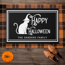 Black Cat with Witch Hat & "Happy Halloween"
