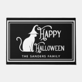 Black Cat with Witch Hat & "Happy Halloween" ドアマット (正面)