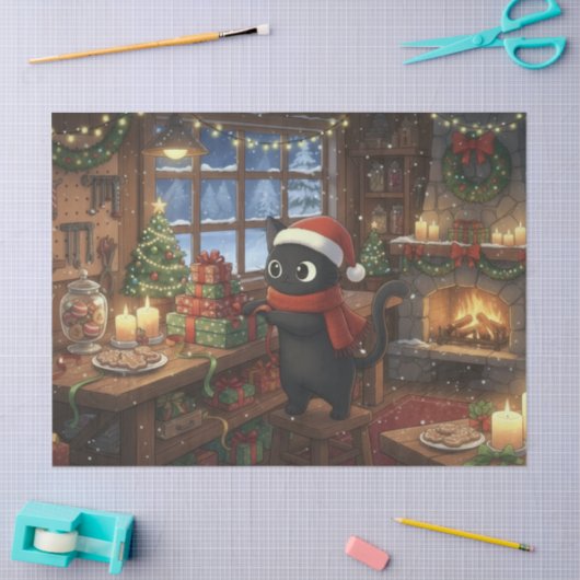 Black Cat Wrapping Christmas Gifts Decoupage 薄葉紙 (クラフト)