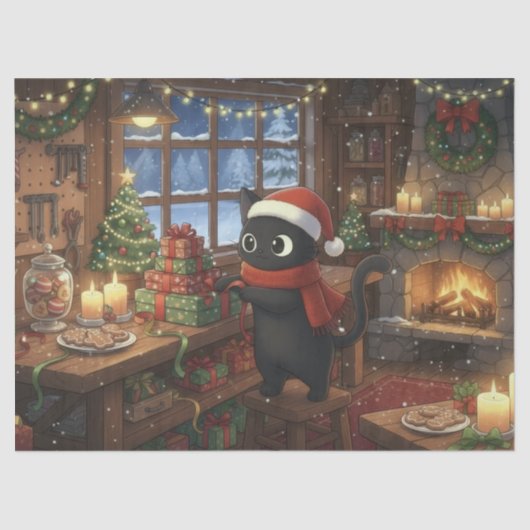 Black Cat Wrapping Christmas Gifts Decoupage 薄葉紙 (正面)