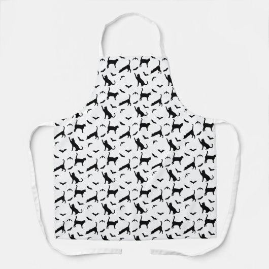 Black Cats And Bats On White Halloween Pattern エプロン (正面)