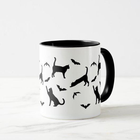 Black Cats And Bats Whimsical Halloween Pattern マグカップ (正面右)