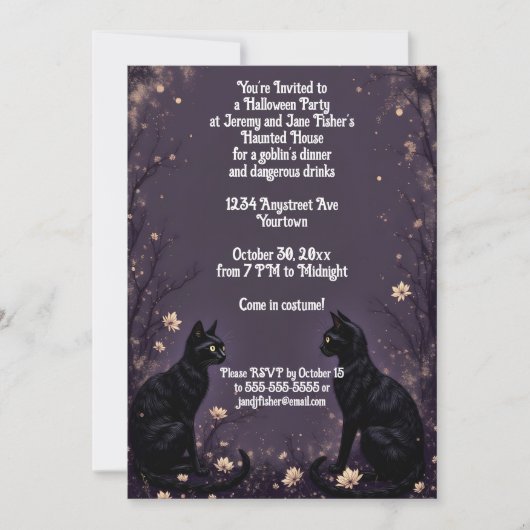 Black Cats and Flowers Halloween Party 招待状 (正面)
