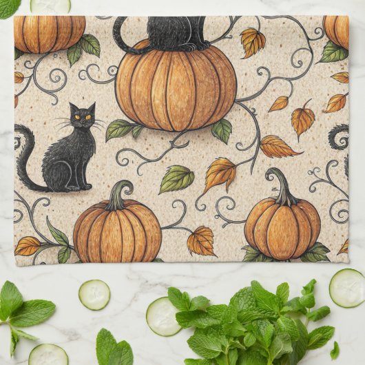 Black Cats and Pumpkins Halloween Pattern キッチンタオル (折り畳み)