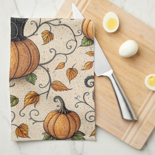 Black Cats and Pumpkins Halloween Pattern キッチンタオル (四つ折り)