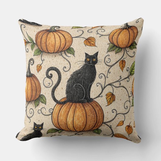 Black Cats and Pumpkins Halloween Pattern クッション (正面)