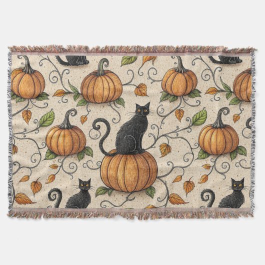 Black Cats and Pumpkins Halloween Pattern スローブランケット (正面)