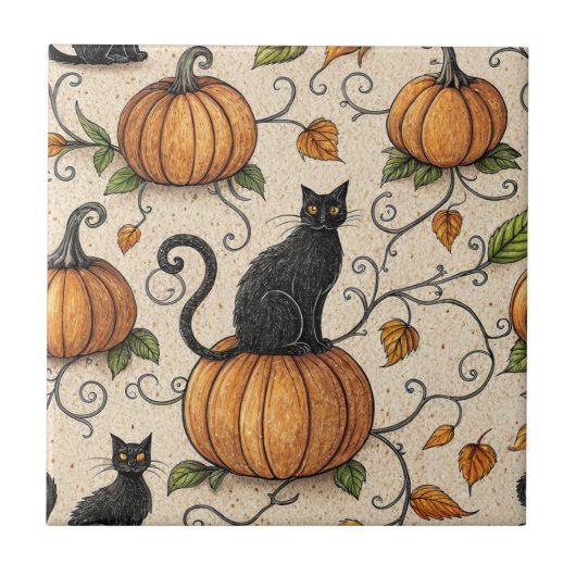 Black Cats and Pumpkins Halloween Pattern タイル (正面)