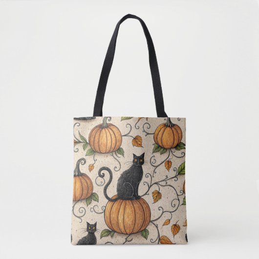 Black Cats and Pumpkins Halloween Pattern トートバッグ (正面)