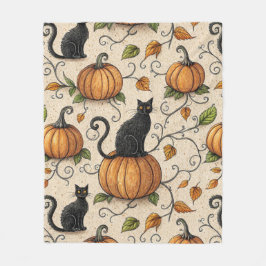 Black Cats and Pumpkins Halloween Pattern フリースブランケット