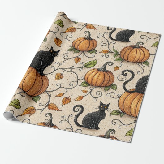 Black Cats and Pumpkins Halloween Pattern ラッピングペーパー (アンロールド)