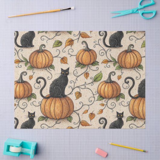 Black Cats and Pumpkins Halloween Pattern 薄葉紙 (クラフト)