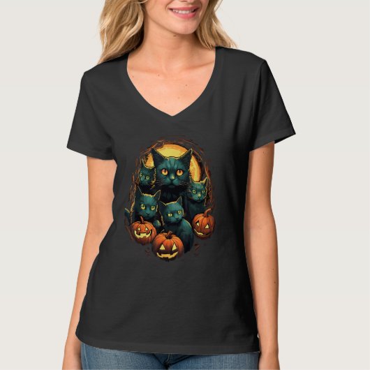 Black Cats Moon Pumpkin  Halloween Horror 2 Tシャツ (正面)