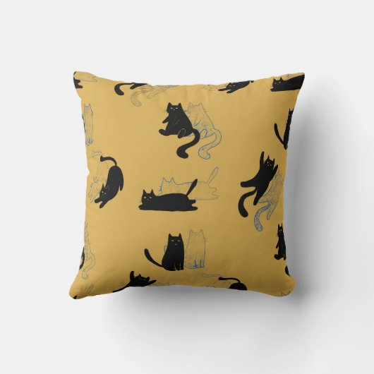 Black Cats on Mustard with Blue Outlines– Modern  クッション (裏面)