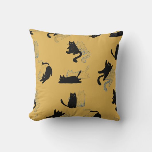 Black Cats on Mustard with Blue Outlines– Modern  クッション (正面)