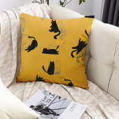 Black Cats on Mustard with Blue Outlines– Modern クッション