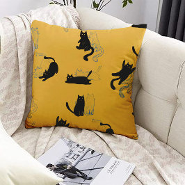 Black Cats on Mustard with Blue Outlines– Modern  クッション