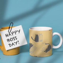 Black Cats on Mustard with Blue Outlines– Modern  コーヒーマグカップ