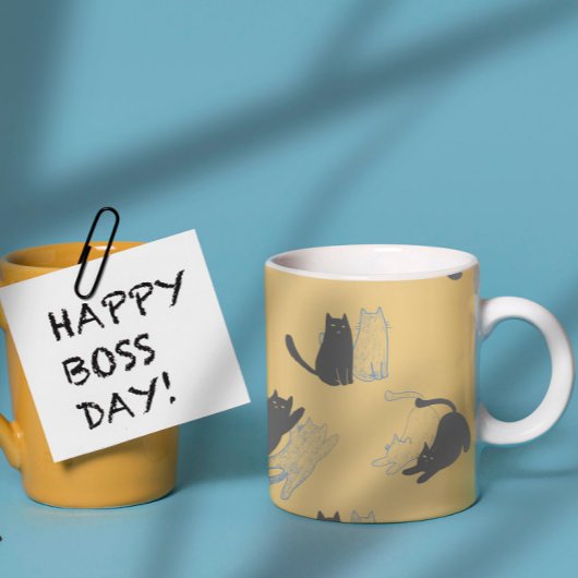 Black Cats on Mustard with Blue Outlines– Modern  コーヒーマグカップ