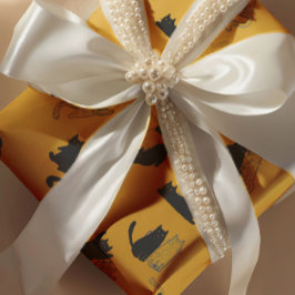 Black Cats on Mustard with Blue Outlines– Modern  ラッピングペーパー