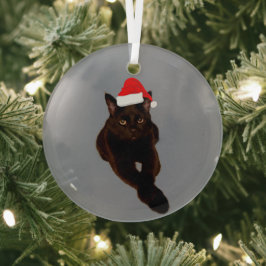 Black Cat's Photo切り出しwith Santa Hat Gray ガラスオーナメント
