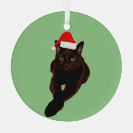 Black Cat's Photo切り出しwith Santa Hat Green ガラスオーナメント