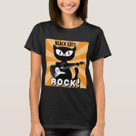 BLACK CATS ROCK! 黒いキャラクター猫がギターを演奏 Tシャツ