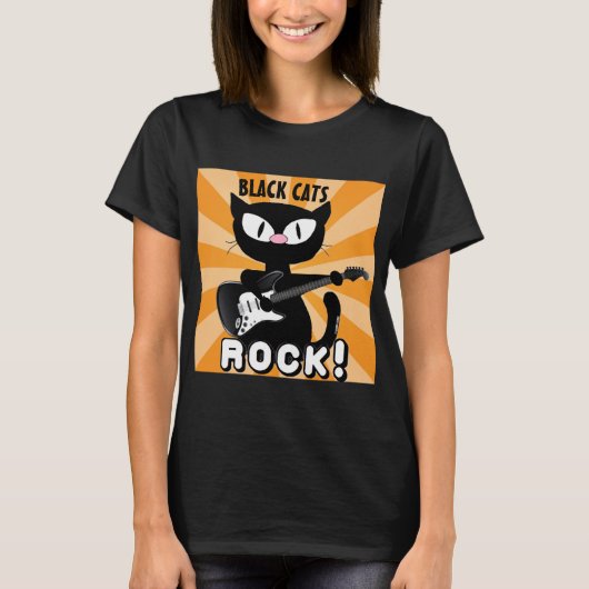 BLACK CATS ROCK! 黒いキャラクター猫がギターを演奏 Tシャツ (正面)