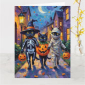 Black Cats Trick-or-Treating in Halloween Costumes カード (黄色い花)