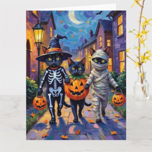Black Cats Trick-or-Treating in Halloween Costumes カード (黄色い花)