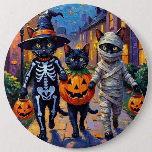 Black Cats Trick-or-Treating in Halloween Costumes 缶バッジ (正面)