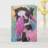 Black Cats Whimsical Art カード (黄色い花)