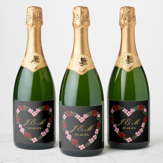 Black champagne label with a pink and red heart スパークリングワインラベル (ボトル)