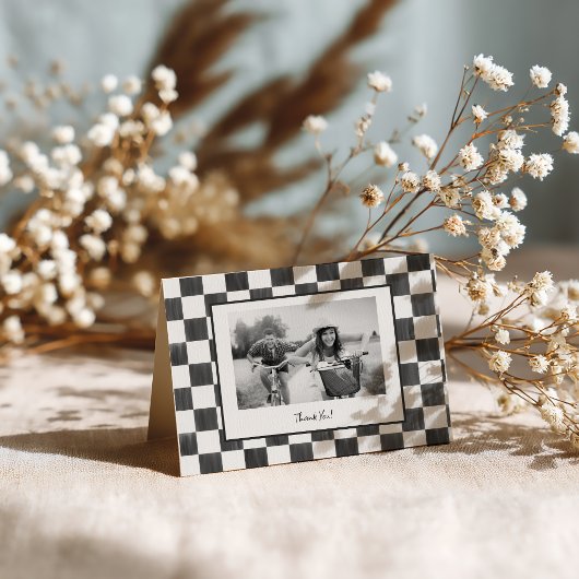 Black Checkerboard Personalized Photo サンキューカード