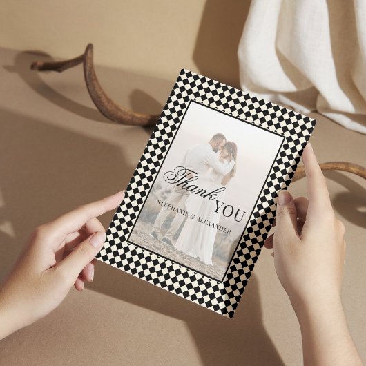 Black Checkered Old Money Photo Wedding Folded サンキューカード