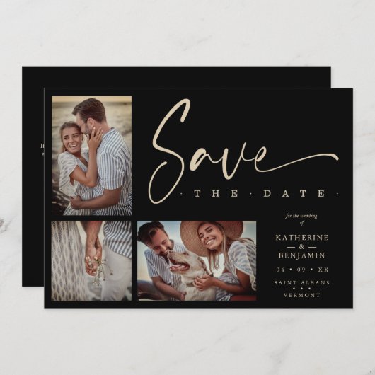 Black Chic Trendy Collage Wedding Covid19 3 Photos (正面/裏面)