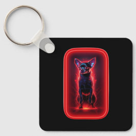 Black Chihuahua Dances Amidst Neon Red Light キーホルダー