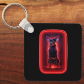 Black Chihuahua Dances Amidst Neon Red Light キーホルダー (正面)