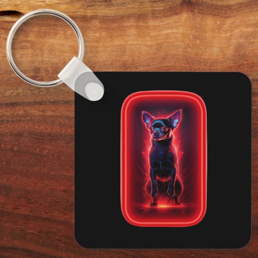 Black Chihuahua Dances Amidst Neon Red Light キーホルダー (正面)