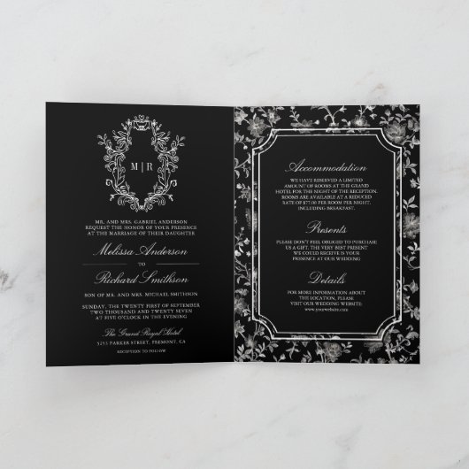 Black Chinoiserie Crest QR Code Wedding 招待状 (内部)