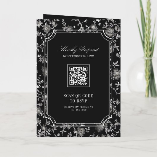 Black Chinoiserie Crest QR Code Wedding 招待状 (裏面)