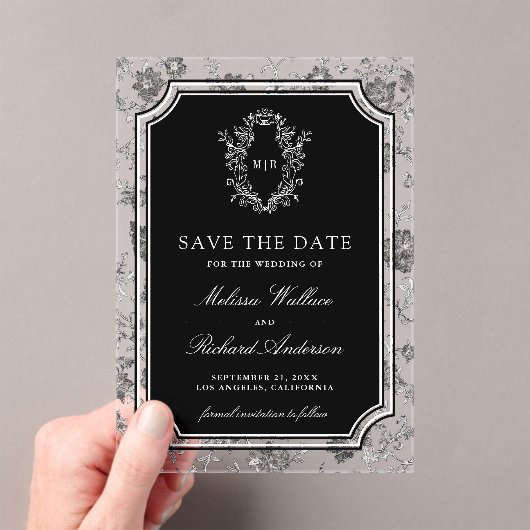 Black Chinoiserie Crest Wedding Save the Date アクリル招待状 (インサイチュ (ポータブル))