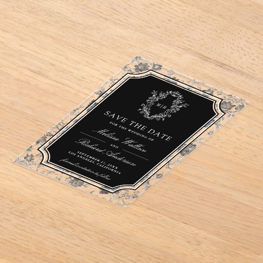 Black Chinoiserie Crest Wedding Save the Date アクリル招待状 (レイダウン)