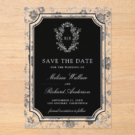 Black Chinoiserie Crest Wedding Save the Date アクリル招待状 (正面)
