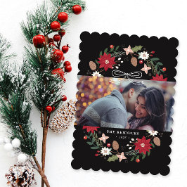 Black Christmas Wreath Floral Holiday Photo Card 招待状