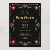 Black classic floral baby shower 招待状 (正面)