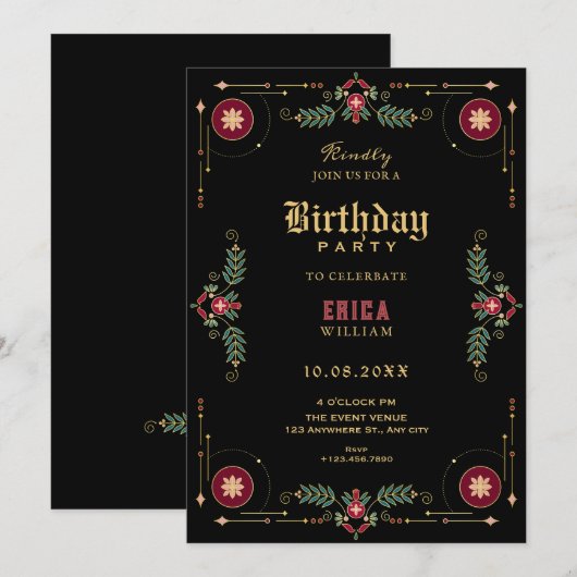 Black classic floral birthday 招待状 (正面/裏面)