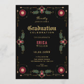 Black classic floral graduation 招待状 (正面)